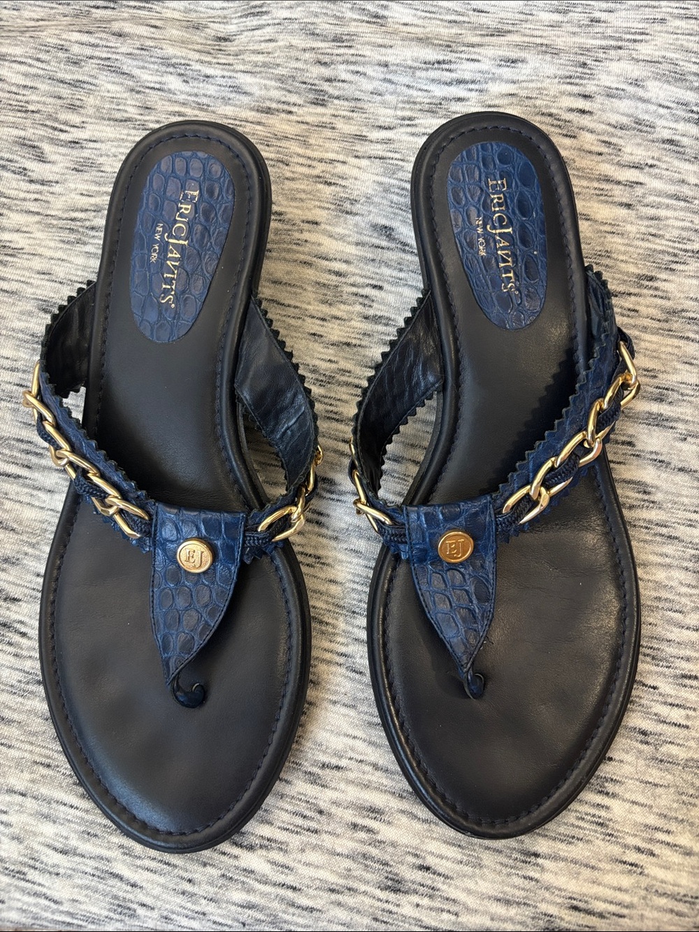 Eric Javits Navy Blue Gold-Trim Thong Sandals